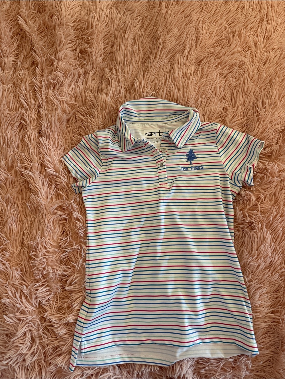 Girls' Striped Polo Shirt - White with Blue, Pink & Green Stripes